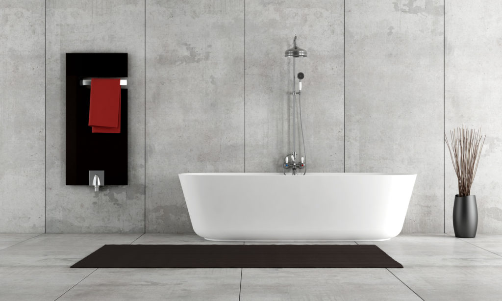 iStock-479411287 Bathroom with grey, concrete-effect wall panels