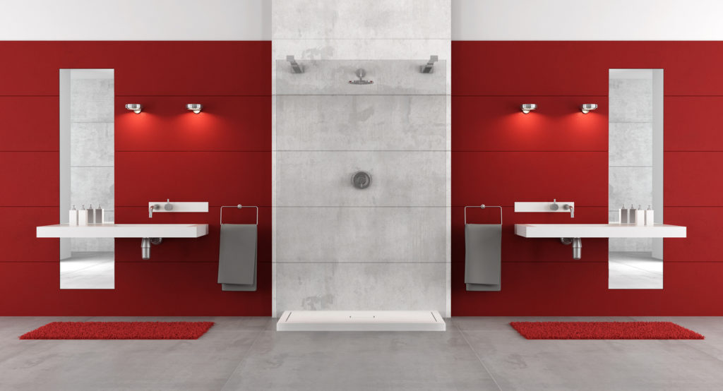 M Couples' bathroom with red wall panels