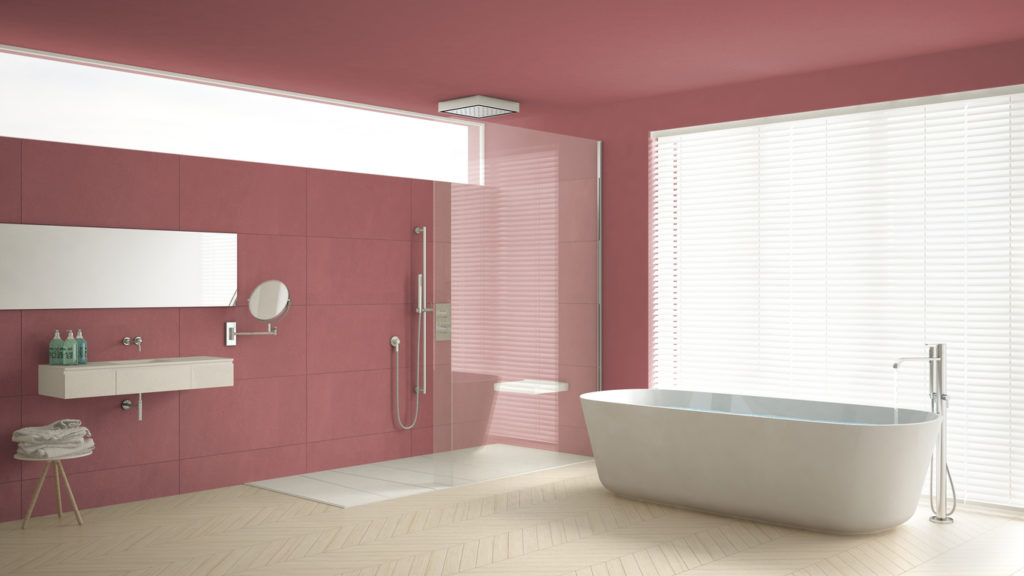 Minimalist bathroom with bathtub and shower, parquet floor and marble tiles, classic white and red interior design Bathroom with PVC wall cladding