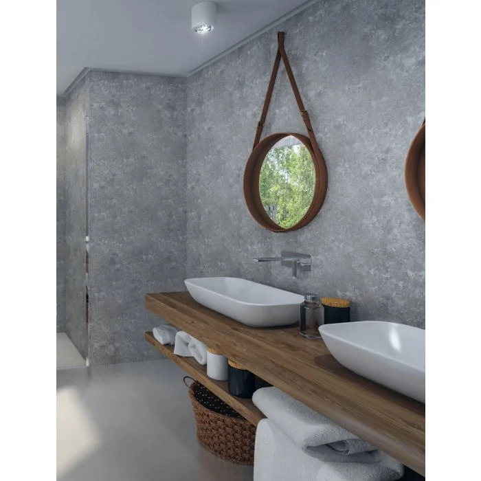 A modern grey and white bathroom with light grey wall panels, a wooden worktop, two white sinks, and a wooden mirror on the wall