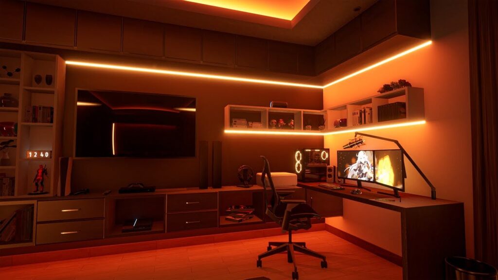 A dimly-lit gaming room with orange LED strip lights, set up with a desk chair and monitors.