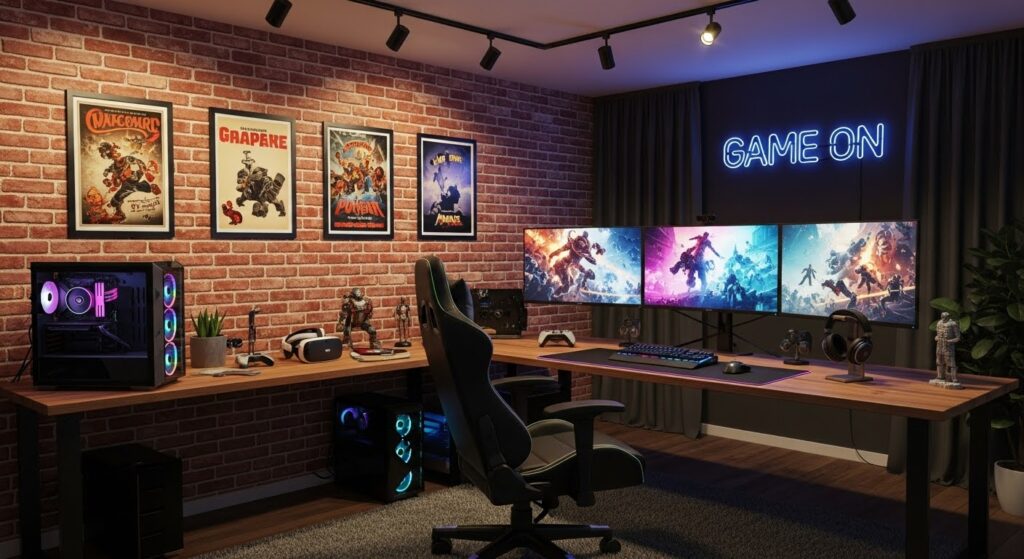 A gaming room with faux red brick wall panelling, an LED ‘Game On’ light on the wall, and a desk setup with three monitors and a keyboard.