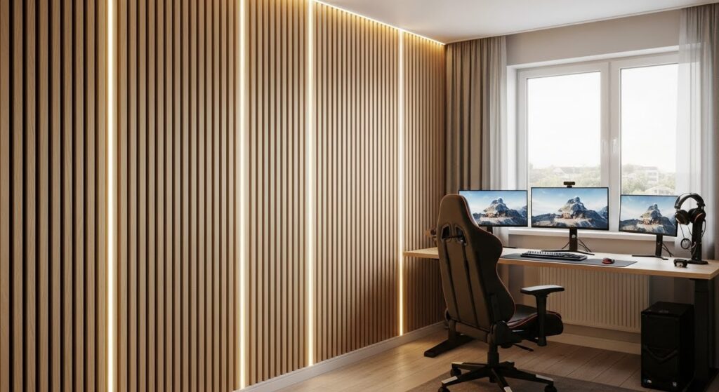 A gaming room with wooden slat panelling and integrated LED lights along one wall.