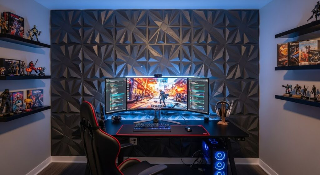 A gaming room setup with a geometric 3D feature wall, a desk with a monitor, and a black and red chair.