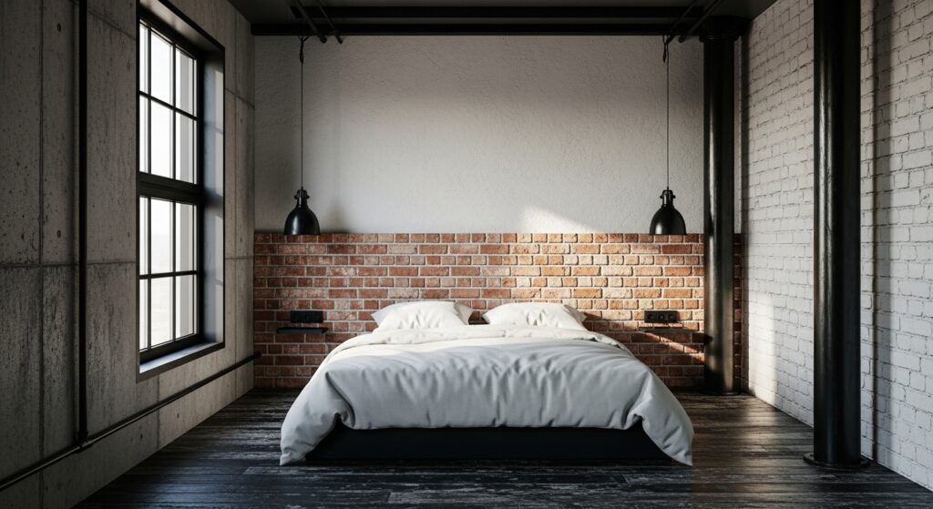 Industrial-loft-style bedroom with red brick feature headboard, light bed coverings and black accents.