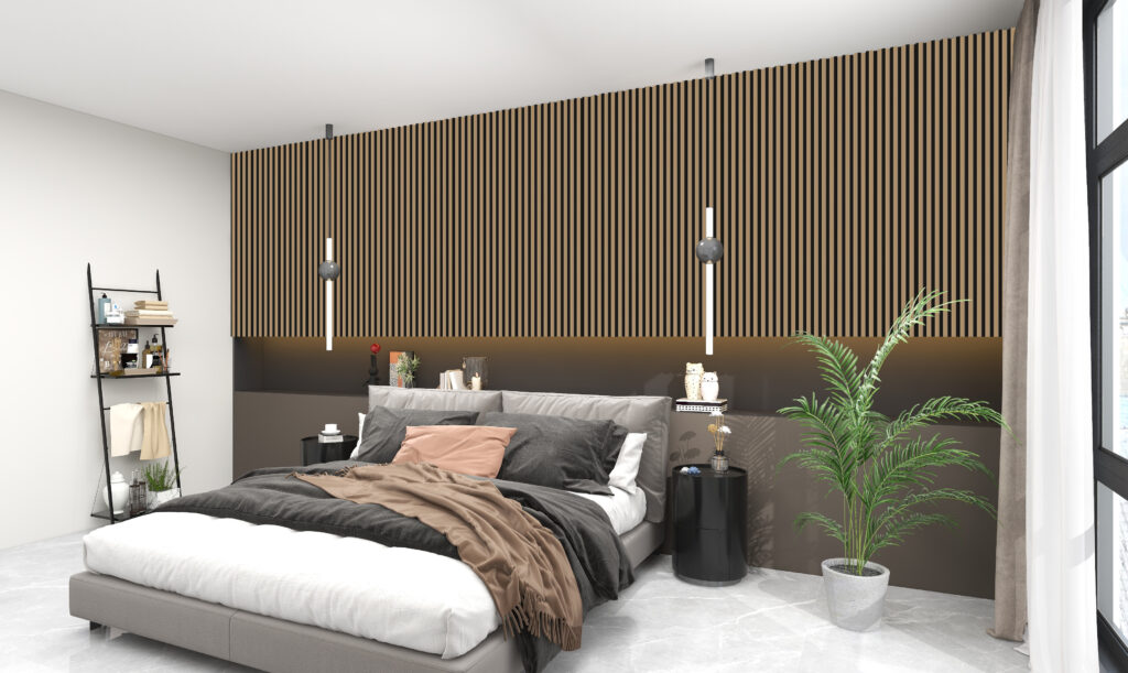 Modern bedroom featuring a brown vertical slat panel wall, a grey bed with dark and light neutral bedding, and a large indoor plant.