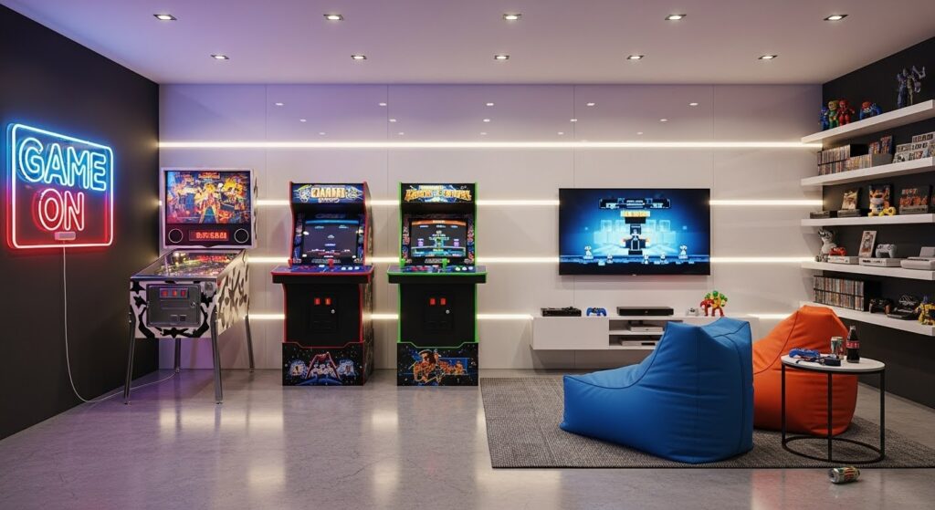 A retro gaming room with white gloss wall panelling, three arcade machines, bean bag chairs, and a television fixed to the wall.