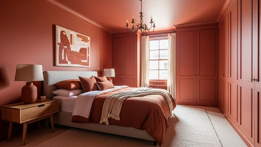 A rust coloured bedroom featuring the same colour on the walls and ceiling, fitted wardrobes along one wall, matching bedding, and a wooden bedside table.