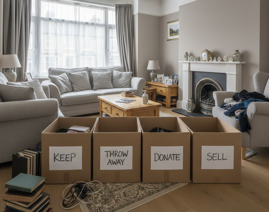 Living room with two sofas, an armchair, a fireplace and four boxes. Each of the four boxes has a label on it - keep, throw away, donate and sell. The room is neutral coloured and slightly cluttered.