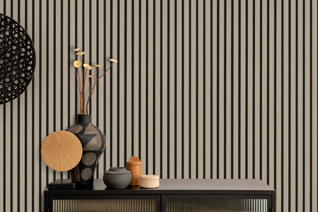 Minimalist composition of living room interior with copy space, black commode, vase with dried flowers, decoration on the wall and stylish personal accessories. Home decor.