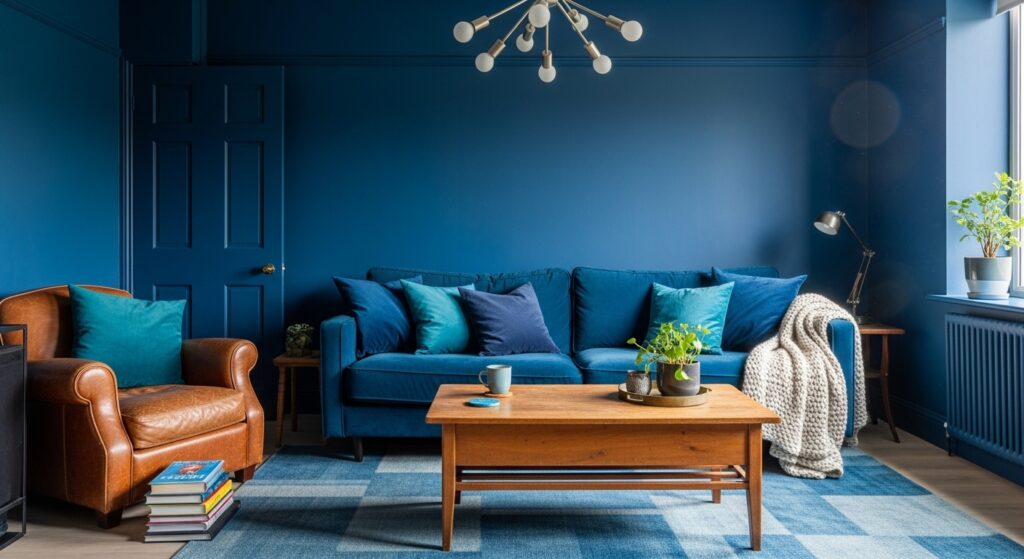 A blue colour-drenched living room featuring blue walls, a blue door, a blue sofa and a brown armchair.