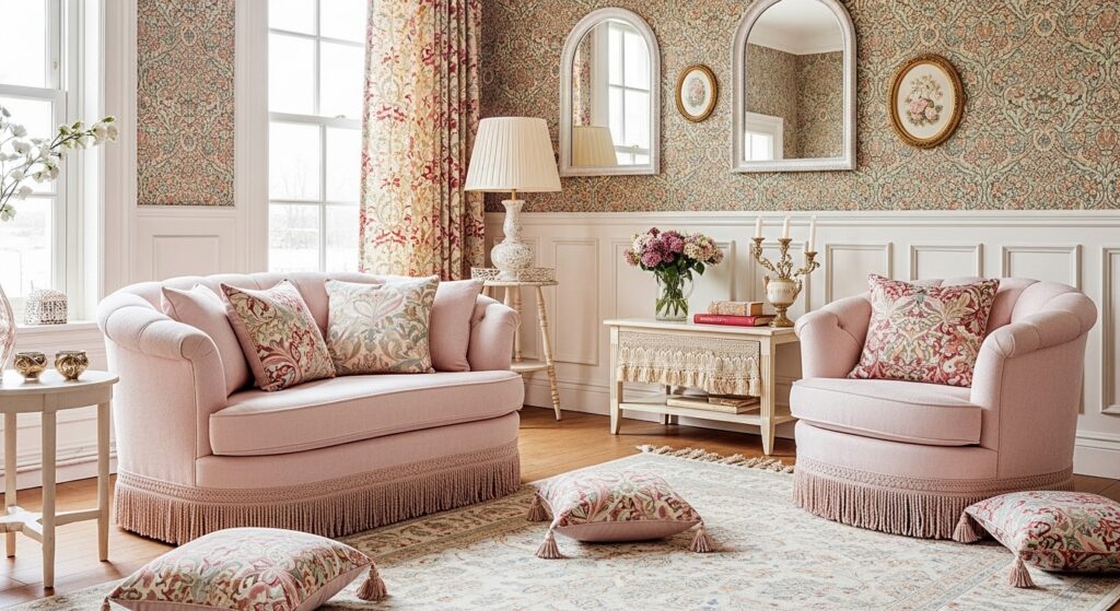 A romantic living room featuring baby pink sofas, William Morris printed floral cushions and wallpapers and half-panelling throughout the room.