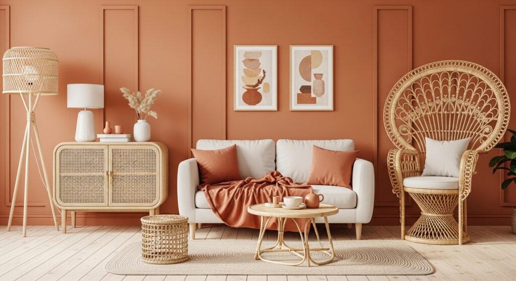 A warm-coloured living room with orange walls, wooden furniture and a beige sofa with orange furnishings.