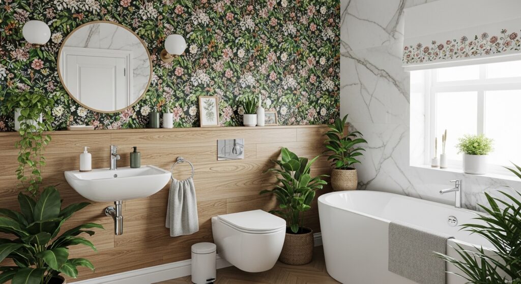 A botanical-themed bathroom with floral wallpaper, wooden panelling, a bathtub and a circular mirror on the wall.