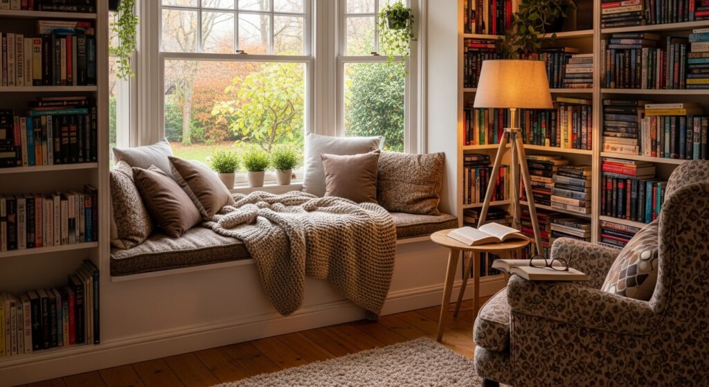 A cosy reading nook featuring a bay window sill, bookshelves and a standing lamp.