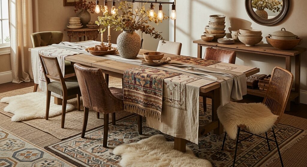 A texture-filled dining room featuring two different types of rugs on the floor, layered table cloths, and mismatched seating.