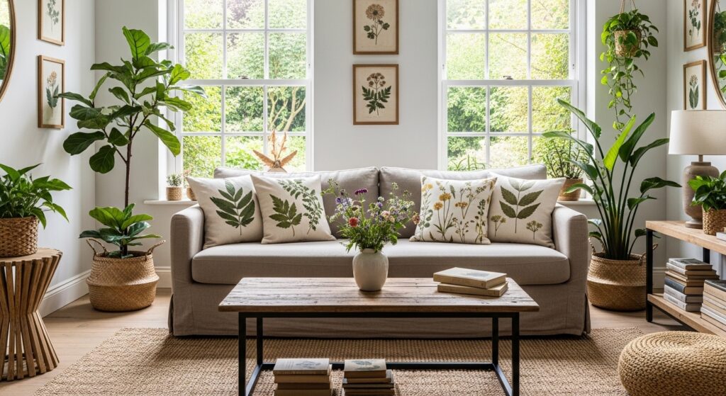 Neutral toned living room with a large sofa, oak coffee table and green floral accents.