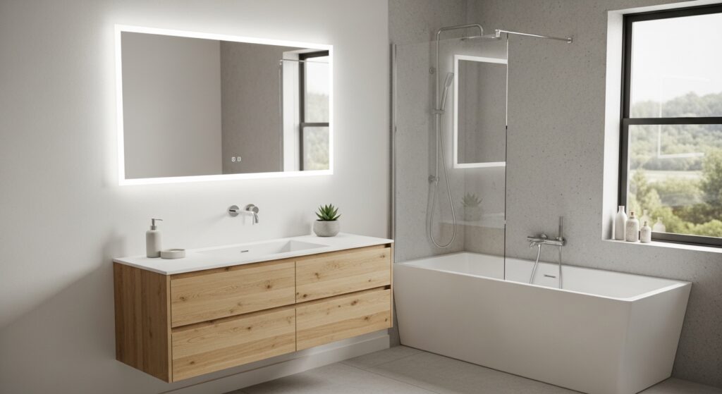 A contemporary, minimalistic bathroom featuring a freestanding shower bath, a wooden floating cabinet and sink, and a rectangular LED mirror on the wall.