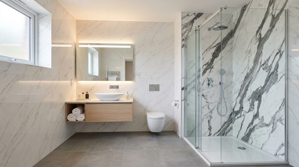 A modern bathroom with silver finishes, a light oak floating basin and a large shower enclosure. The walls are finished with contrasting marble-effect wall panels that create a sleek, modern finish.